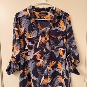 Tommy Bahama Silk Navy and Orange Tropical Button Down Shirt Size S